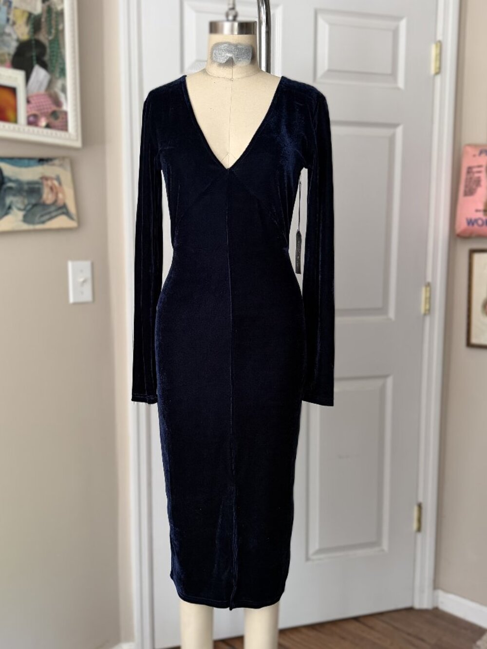 ANTHROPOLOGIE Indigo Blue Velvet Stretch Mock wrap MIDI Shift Dress *SMALL*
